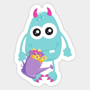 Spring Monster, Blue Monster, Flowers, Horns Sticker